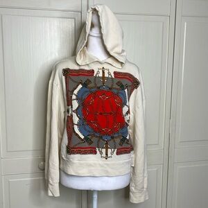 ZARA Women's Cream Equestrian Scarf Print Cotton Hoodie Sweatshirt Size  Medium